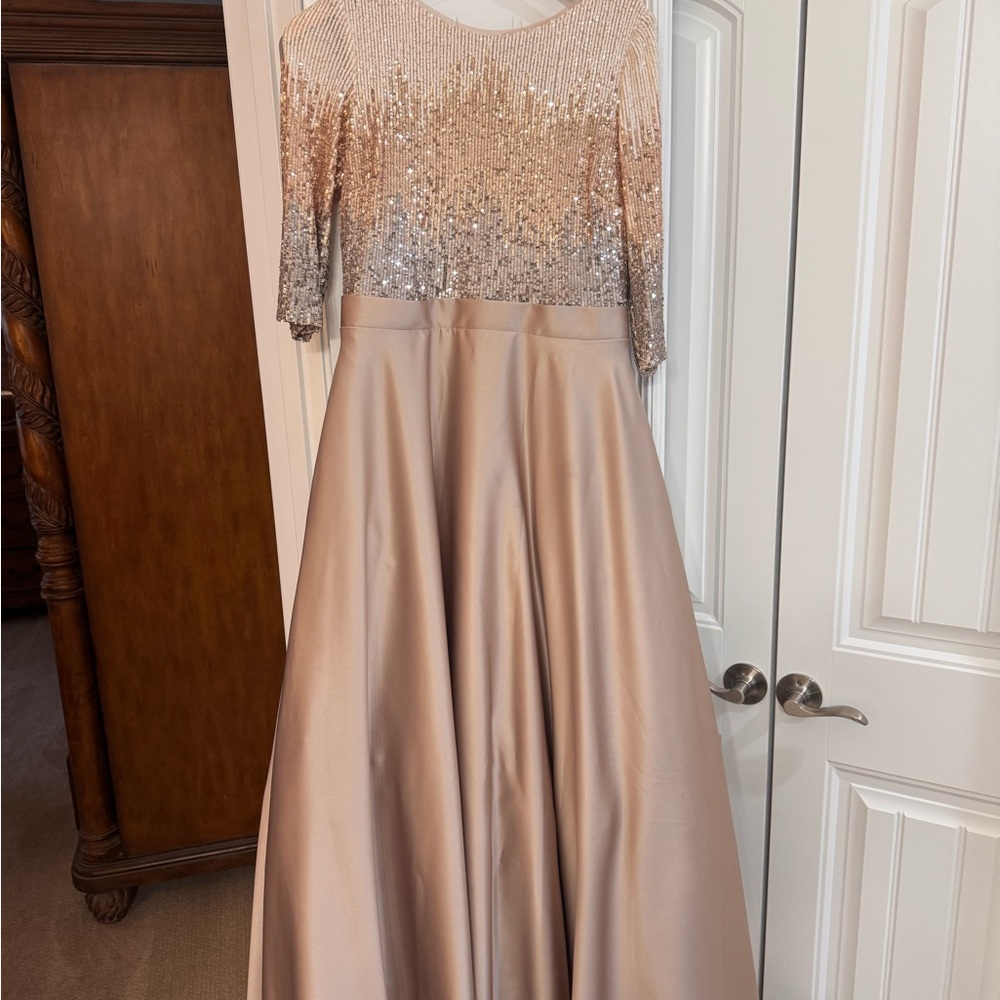 Betsy & Adam Champagne Sequin Bodice Satin Ball Gown